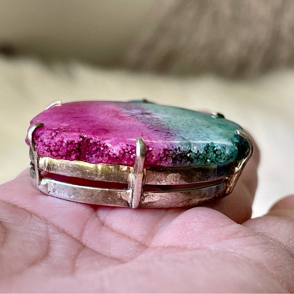 Rainbow Solar Quartz Crystal Silver Tone Large Pendant Blue Glass Stone - Picture 2 of 7